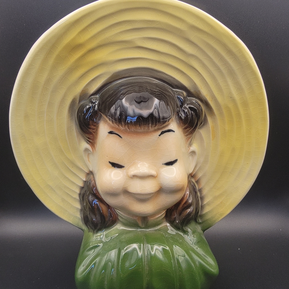 Charming Ceramic Wall Pocket/Head Vase with Yellow Hat
